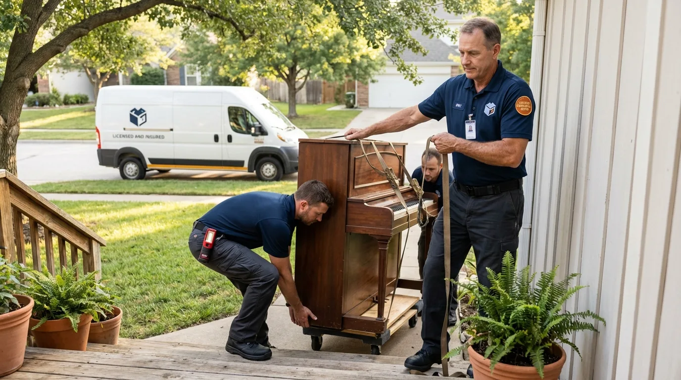 Licensed piano movers securing grand piano in Harper, TX